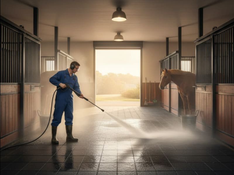 Close-up van de antisliptextuur op de paardenboxmat voor maximale tractie